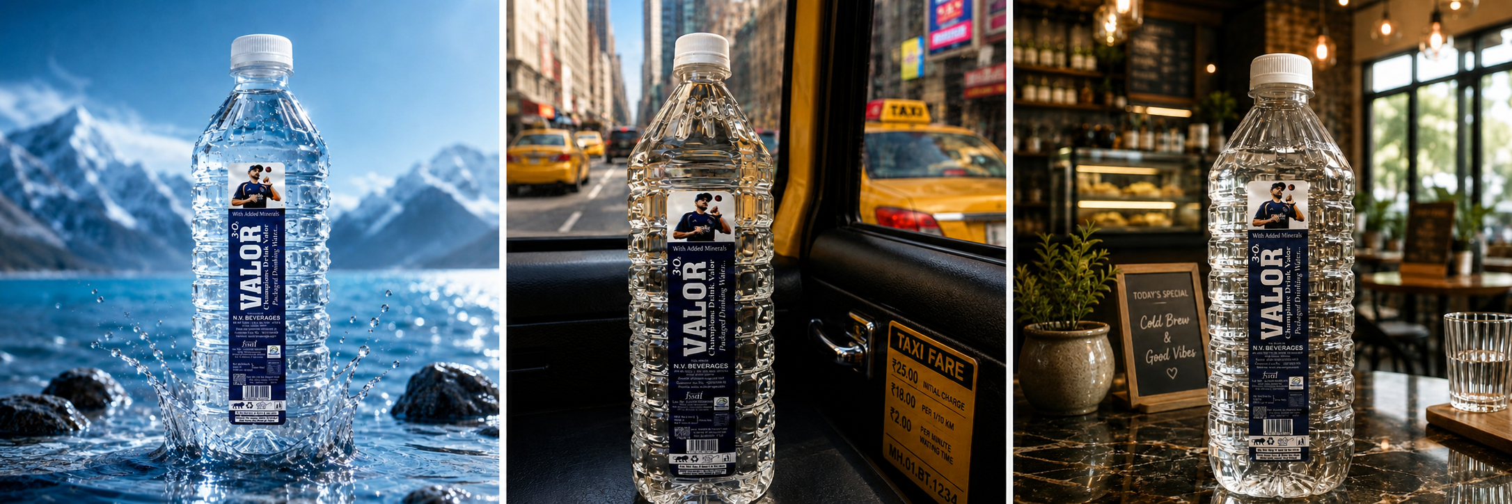 VALOR packaged drinking water in a mountain setting, during city travel, and at a cafe